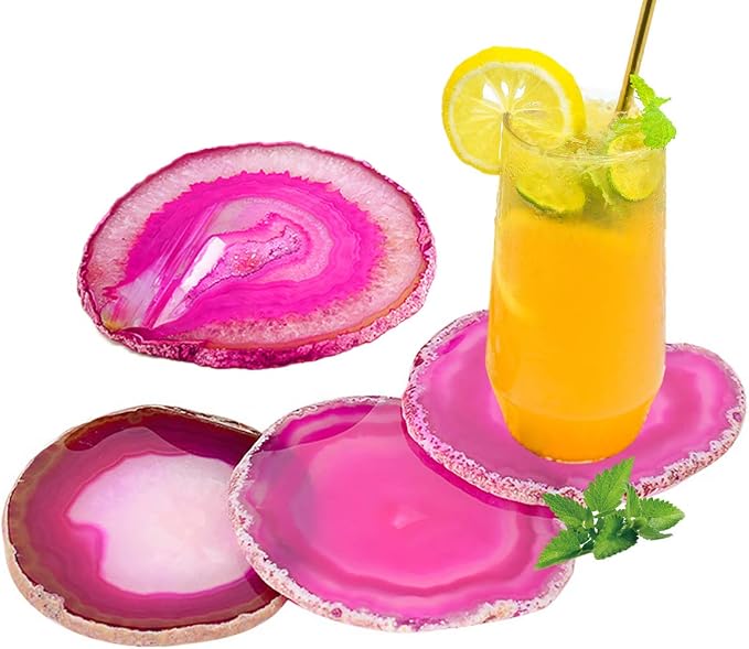 AMOYSTONE Pink Agate Coaster Crystal Quartz Coasters for Drinks Rock Stone Bar Coaster Geode Slices Set of 4 with Rubber Bumpers 3.5-4"