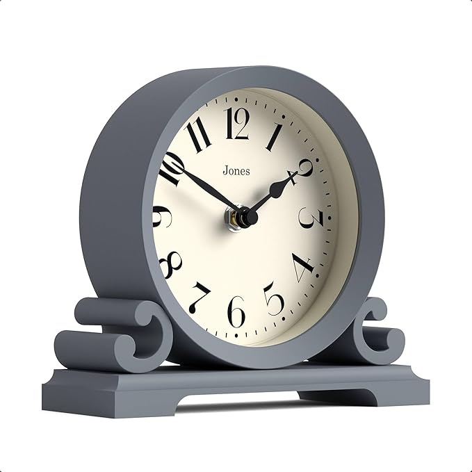 JONES CLOCKS® Saloon Mantel Clock | Small Traditional Double Scroll Design | French Navy | Contemporary Classic Style for Desk, Table, Shelf or Bedside