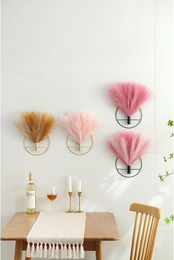 Pretty Jolly Boho Wall Decor - Hanging Artificial Pampas Display for Living Room, Bedroom, Bathroom, Dining Room - Metal Wall-Mounted Plant Art 2 Pack