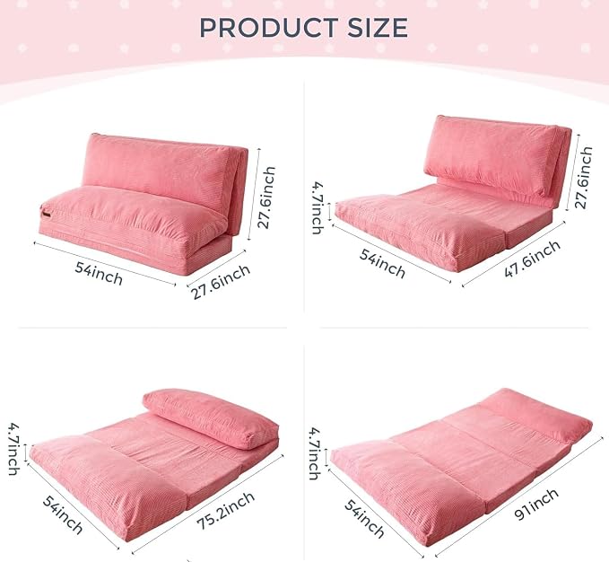 MAXYOYO Folding Sofa Bed, Floor Sofa Convertible Chair with Washable Cover, Floor Couch Lounge Bean Bag Chair Bed for Living Room, Pink, 54x91 Inch