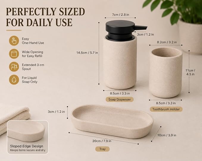 Clasin Home 3 Pcs Bathroom Accessories Set, Liquid Soap Dispenser with Large Pump, Toothbrush Holder Cup and Soap Dish, Sandstone Texture Bathroom Counter Set for Modern Home (Beige)