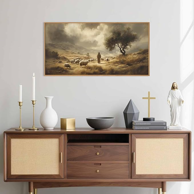 HPNIUB Neutral Jesus Leaves the 99 Sheep Framed Wall Art Set,Easter Lost Lamb Christian Religious Wall Decor, Vintage Inspiring Good Shepherd Artwork for Church Room Christian Faith Gift-20''x40''