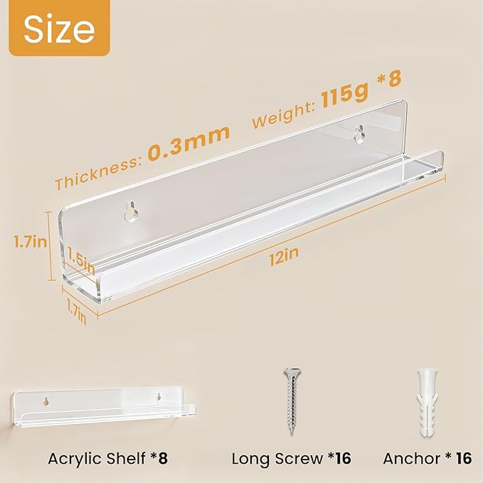 Laurensory 8 Pack Vinyl Record Shelf Wall Mount, 12-Inch Clear Acrylic Album Storage Holder, Floating Display Shelves for Wall Decor, Magazine Shelf, Kids Bookshelf, Suitable for Bedroom, Living Room