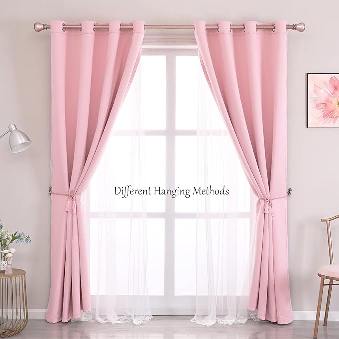 SOFJAGET Pink Blackout Curtains 96 Inch Long - Double Layers Mix & Match Elegance White Crushed Voile Curtains with Tie-Backs, Pink Drapes for Nursery, Girls Bedroom, LivingRoom, 2 PCs