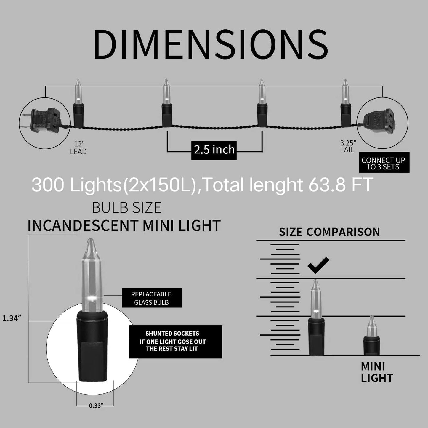 300LIGHTS(2*150L) YELLOW Extra-Bright With End Connectors Christmas Decorative Light 19.44m UL Certified Mini String Light Set Waterproof for Home Garden Holiday Tree Party Patio Decor Wedding