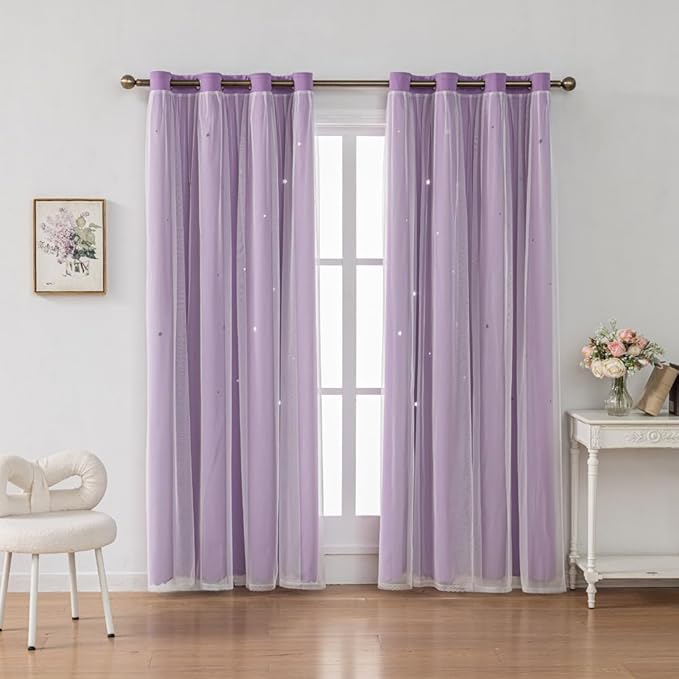 FANLI Ombre Rainbow Blackout Curtains for Kid Girls Bedroom Living Room Darking Stripe Double Layer Star Cut Out Wall Home Decor Gradient Grommet Window Curtains (Purple 95L)