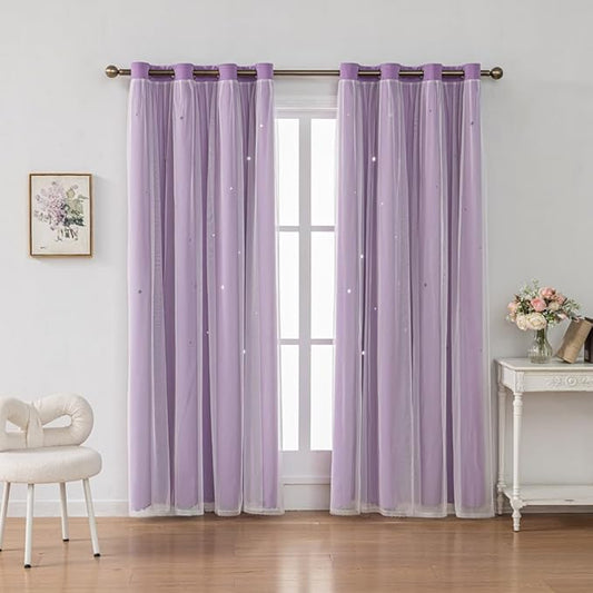 FANLI Ombre Rainbow Blackout Curtains for Kid Girls Bedroom Living Room Darking Stripe Double Layer Star Cut Out Wall Home Decor Gradient Grommet Window Curtains (Purple 72L)
