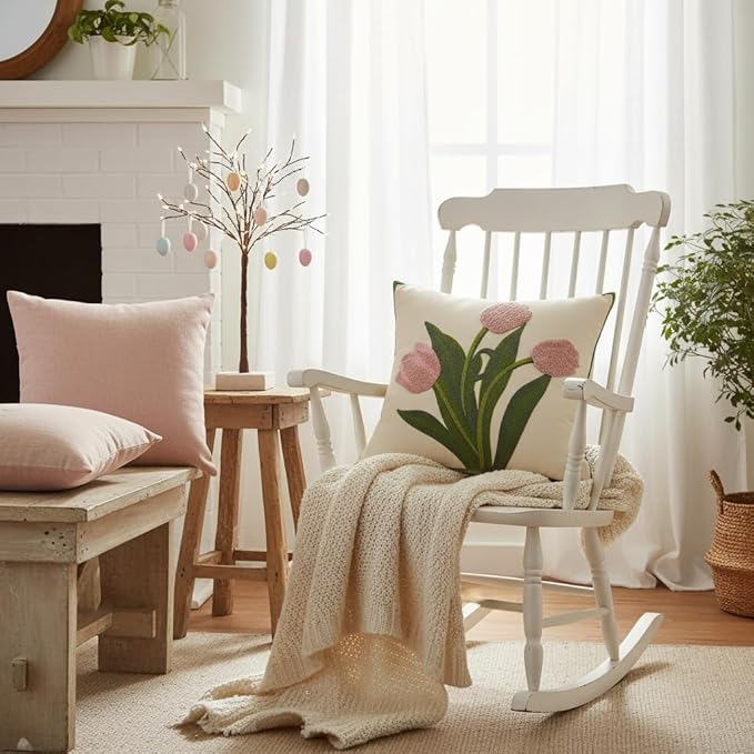 Spring Pillow Covers 18X18 Pack of 2 Pink Tulip Floral Embroidered Throw Pillow Covers Flower Tufted Pillowcases Farmhouse Decor Cushion Cover Square Summer Decoration Pillow Case