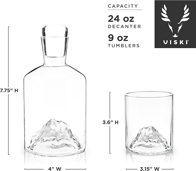 Viski Mountain Decanter and Tumbler Set, Percect for Scotch and Bourbon, Hand-Blown Whiskey Gifts for Men, Set of 3, 24oz Decanter, 9oz Tumblers