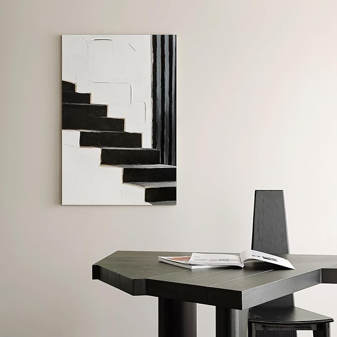 Modern Minimalist Abstract Black & White Canvas Wall Art for Living Room | Large 3D Textured Oil Painting Artwork for Bedroom Dining Room Office Hallways, Neutral Geometric Wall Decor 24x36 Inch