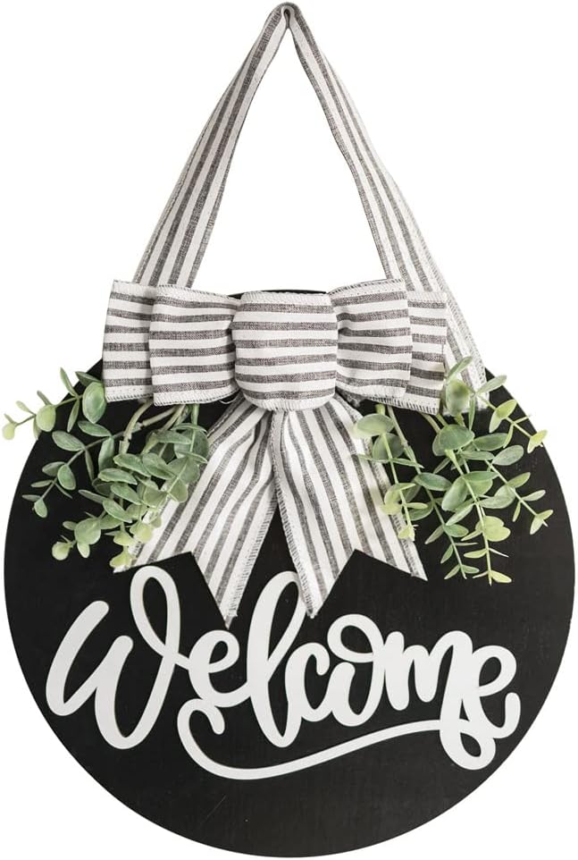 Welcome Sign for Front Door Wreath Decorations for All Seasons Front Porch Decor Hanging Gift for Farmhuose Home Outdoor Indoor (Black-Welcome)