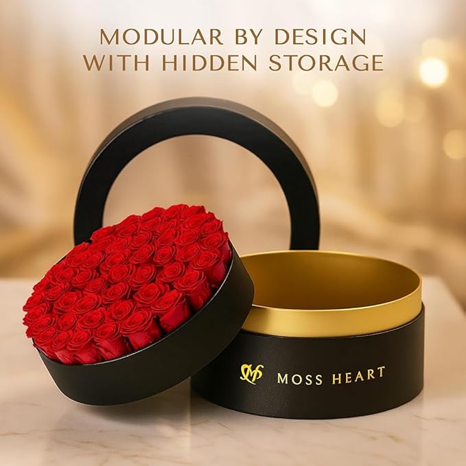 50 Petite Preserved Roses, Designer Round Box, Real Forever Roses Last 1+ Year, Premium Gift for Women, Wife, Girlfriend, Mother’s Day, Birthday, Anniversary, Valentine’s Day