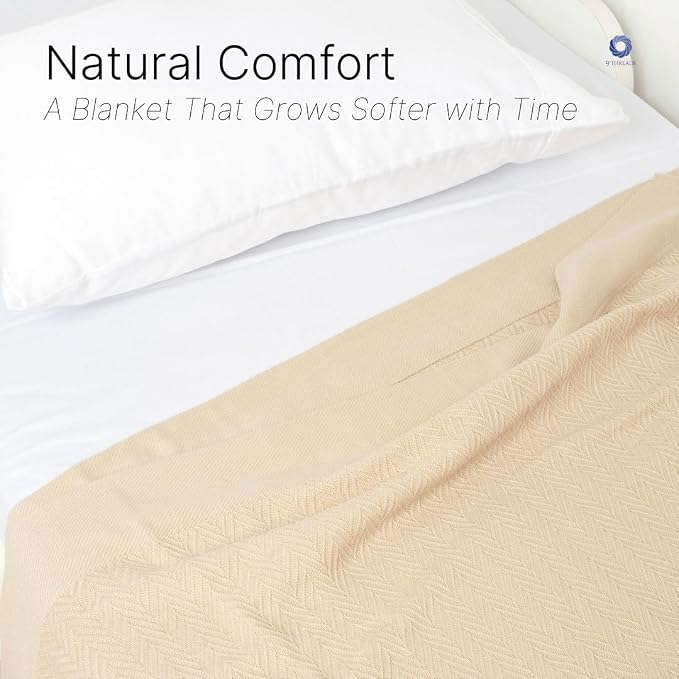 Queen Size Multipurpose Blanket, 100% Extra Long Staple Cotton, Soft & Breathable Herringbone Weave, Beige, Lightweight, Machine Washable, All-Season Throw Blanket for Bedroom & Travel