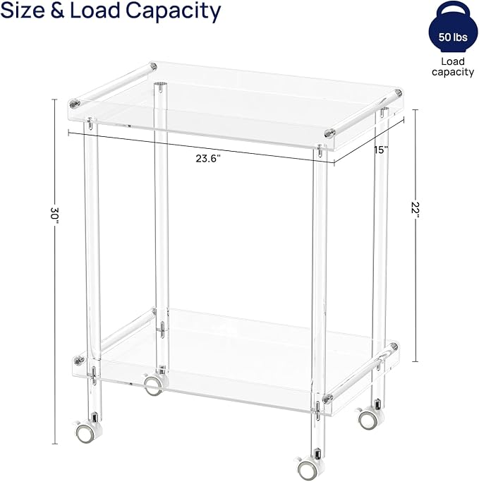 HMYHUM Acrylic Bar Cart, Rolling Serving Cart with 4 Lockable Wheels for the Home Bar, Kitchen, Living Room, Modern, 2-Tier, 23.6" L x 15" W x 30" H, Clear