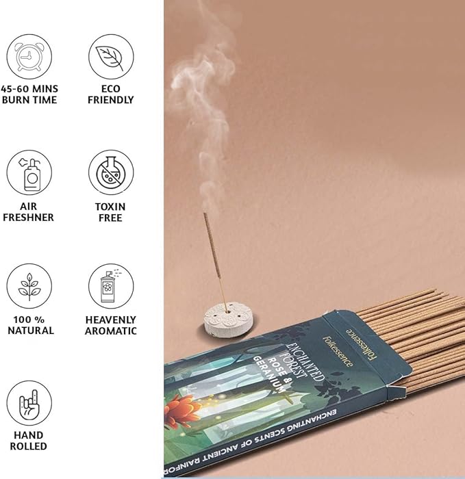 Folkulture Incense Sticks with Holder (100 Sticks)| Rose & Geranium Incents Stick for Aromatherapy, Relaxation | No Charcoal,Organic,Non Toxic, 45 Mins, Slow Burning Insence-Sticks - Forest Inspired