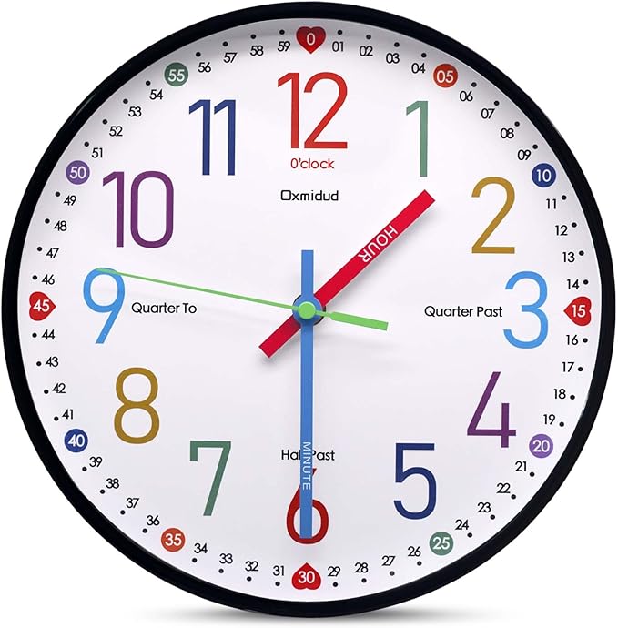 Learning Clock for Kids, 10'' Silent Non-Ticking Teaching to Tell Time Colorful Wall Clocks for Children's Room Bedroom Classroom Home Decor, Gifts for Christmas Birthday (Black)
