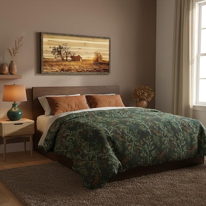 Farmhouse Wall Art Framed Picture: Large Country Farm Landscape Scene Wood Painting Decor Rustic Long Barn Old Cabin Print Horizontal Big Sunset Nature Countryside View Artwork for Living Room Bedroom