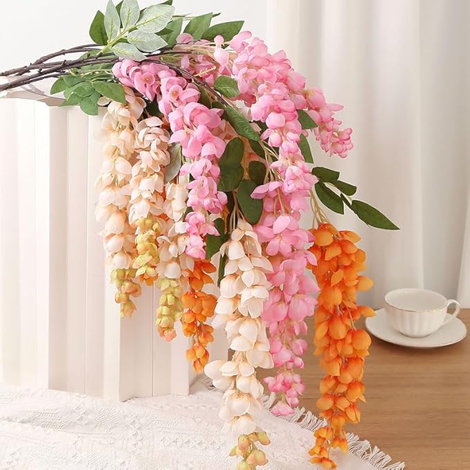 4pcs 47.2-inch Artificial Fake Wisteria Hanging Flower Garland Silk Flower String Home Party Decoration White Blue Pink Purple (Champagne)