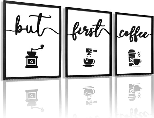 3D Wood But First Coffee Sign, Framed Coffee Bar Wall Decor Wall Art for Dining Room Kitchen Home Office (Ready to Hang, 12x16 inches, Set of 3, Framed)