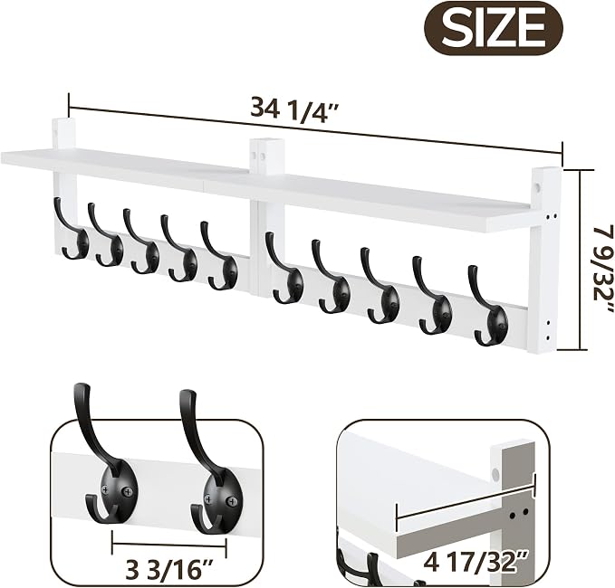 AMBIRD 34.2" L Wooden Wall Coat Hooks with Shelf - Versatile and Decorative Wall-Mounted Storage - 10 Hooks for Hanging Coats, Hats, Keys, Bags, Scarves - Ideal for Entryways, Bedrooms, Closets(White)