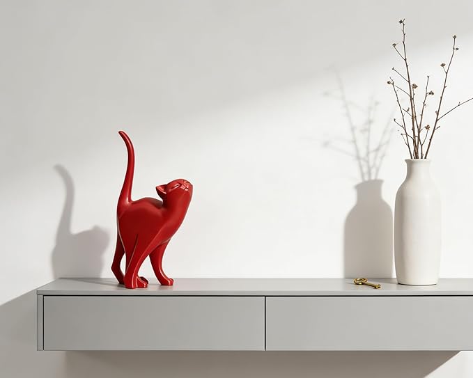 Red Cat Statue Modern Abstract, Home Office Shelf Decor, 7-Inch Vibrant Assorted Colors, Easy to Match Any Decor Style