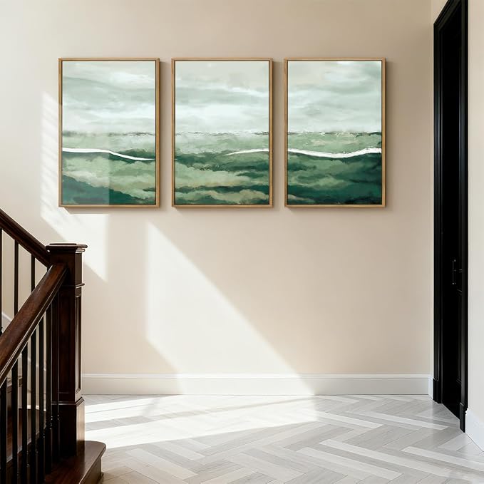 ANHUIB Large Green Abstract Framed Wall Art Set of 3 Sage Green Landscape Canvas Wall Decor 24x36 InchBeige Neutral Watercolor Lake Textured Illustrations Painting for Living Room Bedroom Dining Room