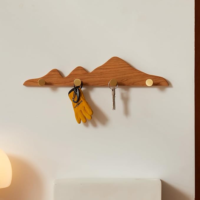 Elegant Wall Coat Rack with Hooks Cherry Wood Solid Coat Hanger Wall Mount with 4 Brass Hooks, Moisture-Resistant Wax Oil Finish for Home (Cherry, 4 Hooks)