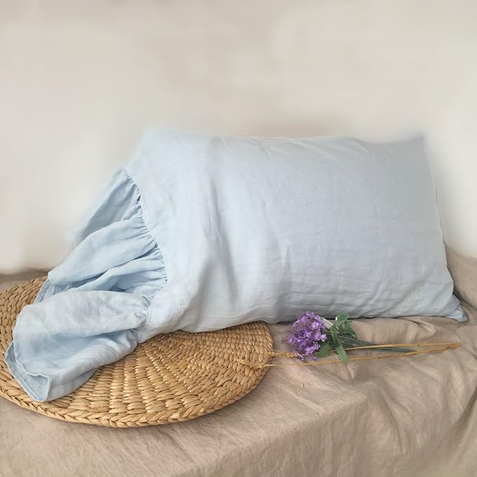 100% French Linen Pillowcase, Ruffles Pillow Cover, Pure Flax Pillow Sham, King Queen Twin Size 1 pcs (King, Water Blue)