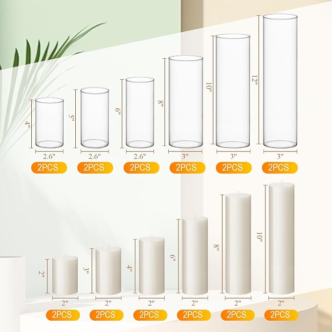 Shihanee Set of 12 Pillar Candles and Glass Cylinder Vases Assorted Sizes Cylinder Holders for Pillar Candles Home Table Centerpieces Wedding Party Decorations (Ivory)