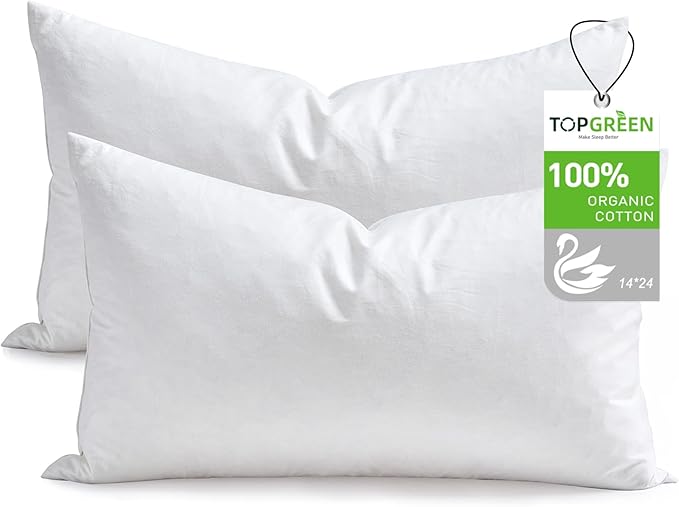 TOPGREEN Feathers Down Pillow Inserts 14x24, Set of 2, 100% Organic Cotton Shell, Soft Decorative Lumbar Pillow Insert for Living Room Sofa, Couch, or Bed (White)