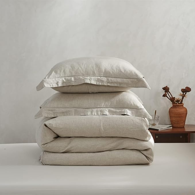 Simple&Opulence 100% Linen Duvet Cover Set with Embroidery Border Washed - 2 Pieces (1 Duvet Cover & 1 Pillow Sham) with Button Closure Soft Breathable Farmhouse - Linen, Twin Size
