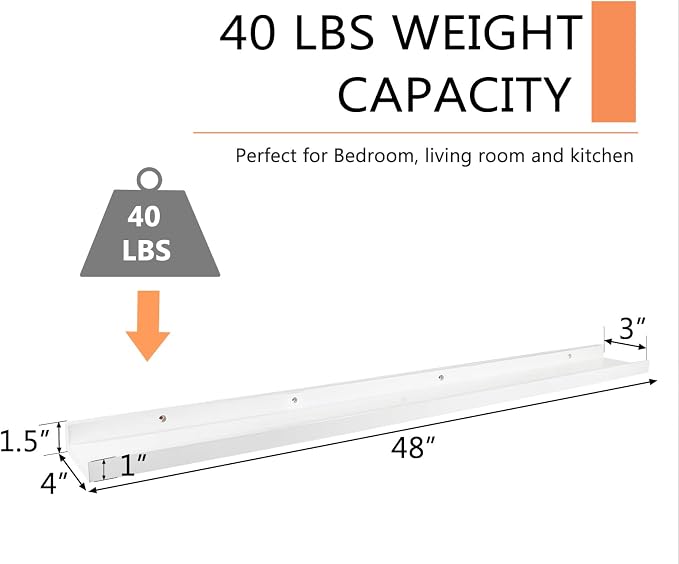 48-Inch White Solid Oak Wood Long Floating Shelf for Wall Decor | Premium 1-pack natural wood ledge for wall storage. Sturdy shelf for bedroom, living room and kitchen