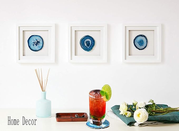 JIC Gem 3.5-4'' Dyed Blue Color Sliced Brazilian Agate Coasters Polished Natural Geode with Rubber Bumpers for Small Size Cup Home Decoration Set of 4