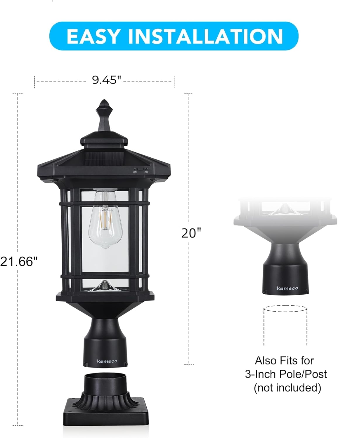 Kemeco Solar Post Light Outdoor, ST4338Q Dusk to Dawn Post Lamp Solar Powered with Pier Mount Base for Pole Pillar Gates Yard Garden Pathway