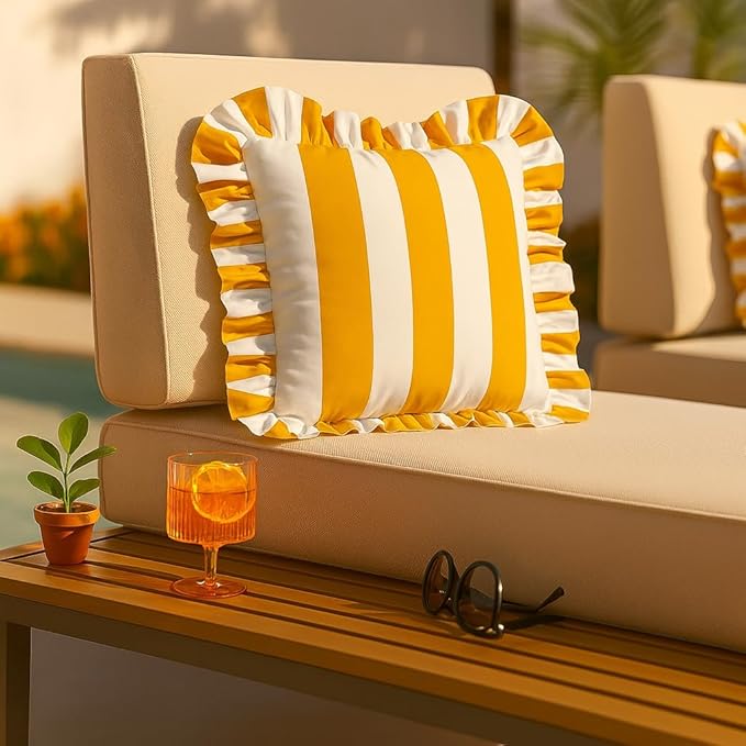 MONDAY MOOSE Decorative Throw Pillow Covers, Set of 2 Water-Resistant Striped Design with Ruffle Edge for Outdoor/Indoor Use, Pillow Inserts Not Included (18x18 inch, Golden Yellow/White)