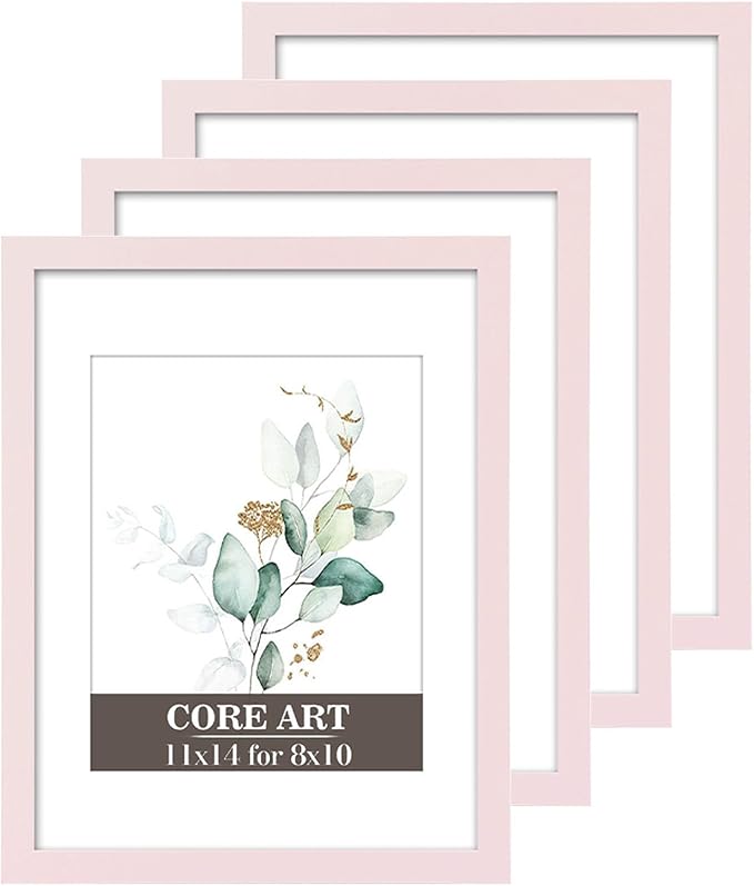 CORE ART 11x14 Picture Frame, Pink Picture Frames 8x10 with Mat or 11 x 14 without Mat for Wall or Tabletop Display, Photo Frame Set of 4