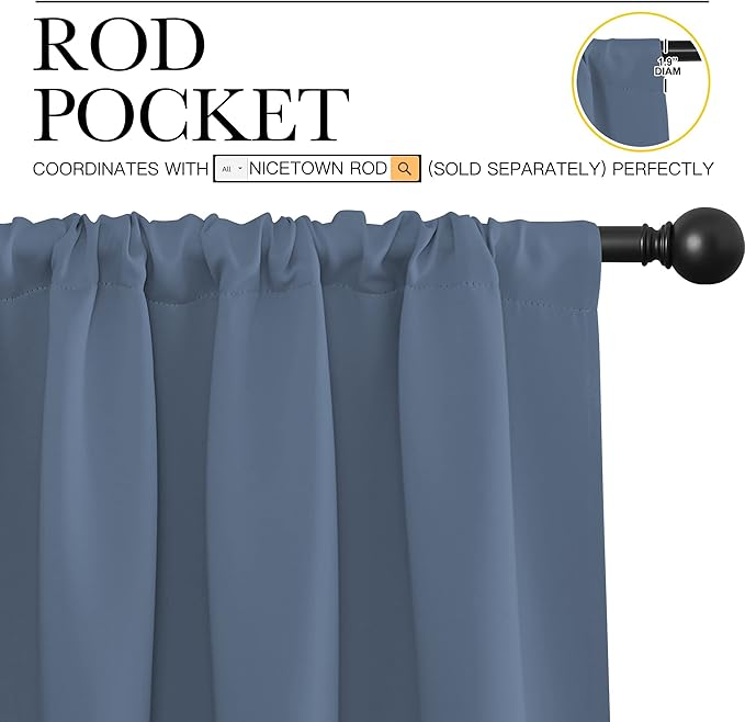NICETOWN Stone Blue Blackout Curtains for Living Room - Triple Weave Home Decoration Thermal Insulated Solid Rod Pocket Blackout Drapes for Bedroom(Set of 2, 42 x 72 Inch)