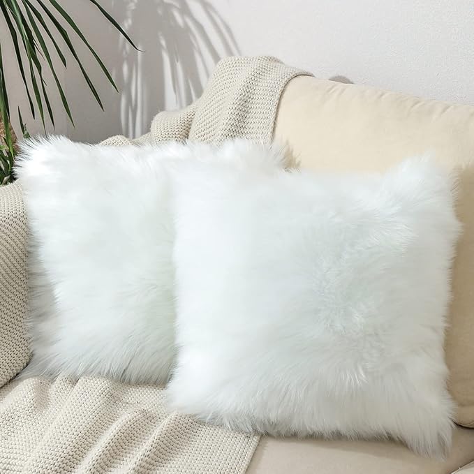 linmopm Excluding Insert Faux Fur Sheepskin Square Pillow Cover 2 Pcs White，18x18Inch+Super Soft Fluffy Faux Fur Sheepskin Rugs 2x6 ft Sheepskin, White