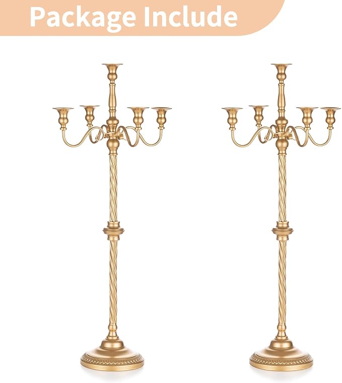 Nuptio Tall Gold Candelabras 34 Inch Candle Stick Holders Set of 2 Floor Candle Stand Taper Candle Holders for Classic Wedding Mantal Christmas Halloween Easter Home Table Centerpiece Decoration