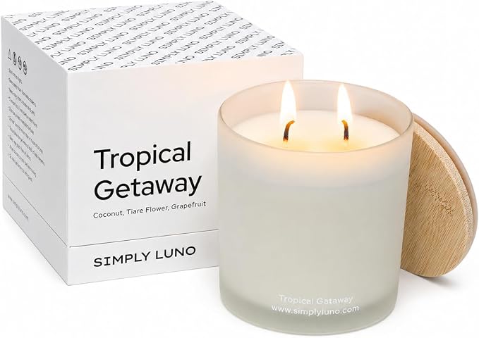 Tropical Getaway Coconut & Grapefruit Scented Candle | 14oz Soy Wax | 50+ Hour Long Lasting Burn | Reusable Glass Candle Jar with Bamboo Lid & Eco Friendly Gift Box |Luxury Scented Candle for Home