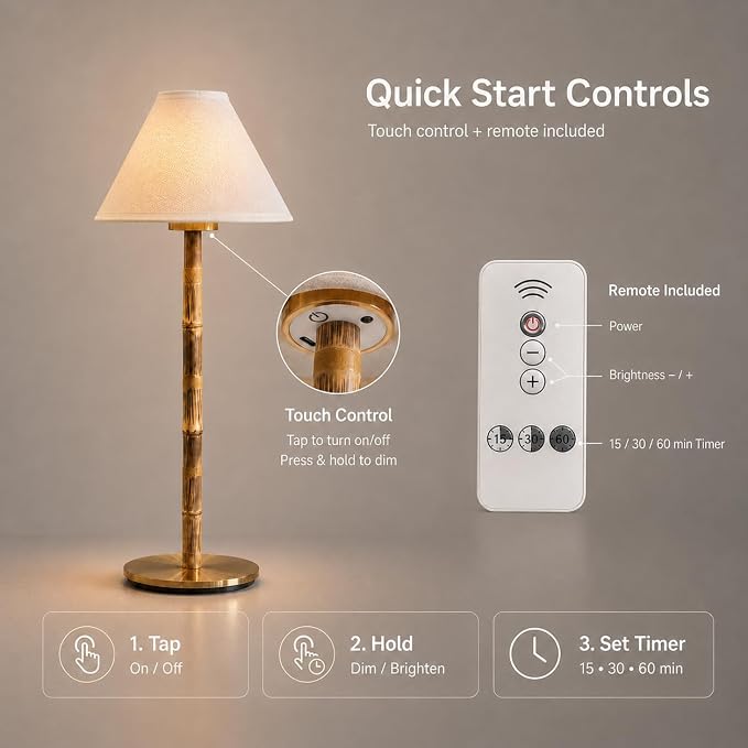 Bamboo Cordless LED Table Lamp – Rechargeable 24-Hour Battery, Dimmable Warm Light, 15" Portable Wireless Lamp with Remote for Indoor/Outdoor Use, Home, Patio, Restaurant – Coastal White