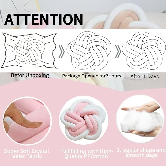 2Pcs Knot Pillow Ball，Soft Home Decorative Round Throw Pillow，Handmade Knotted Plush Pillow，Star-Shaped Round Boucle Pillow Cushion (Pink)