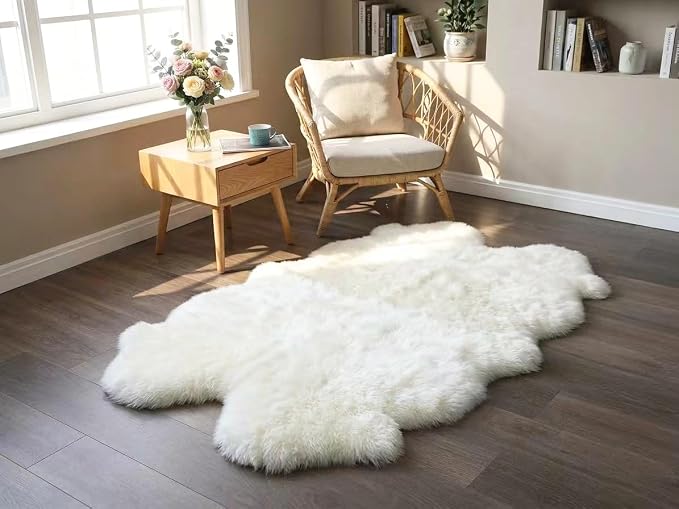 Sheepskin Rug, Fluffy Shaggy Area Rug, Super Soft 48‘’ x 72‘’ Sheepskin Rug, Decorative Rugs for Bedroom, Children's Room, Living Room (Pearly White, 48”×72”)