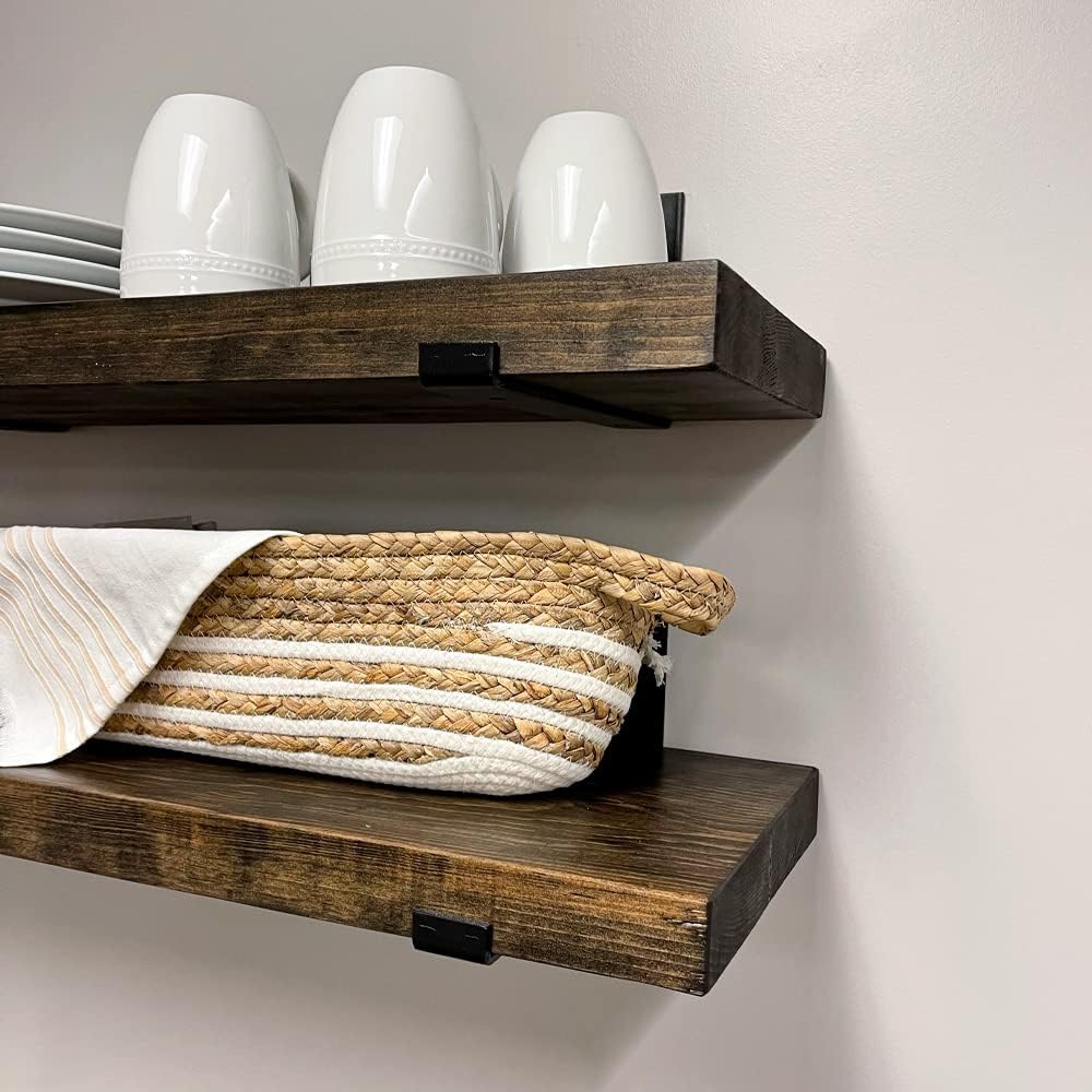 Rustic Shelves with J-Brackets Set of 2, Industrial Shelf, Kitchen Shelves, Solid Wood, Decorative Wall Storage, Heavy Duty, URBANDI (Dark Brown, 48Wx8D)