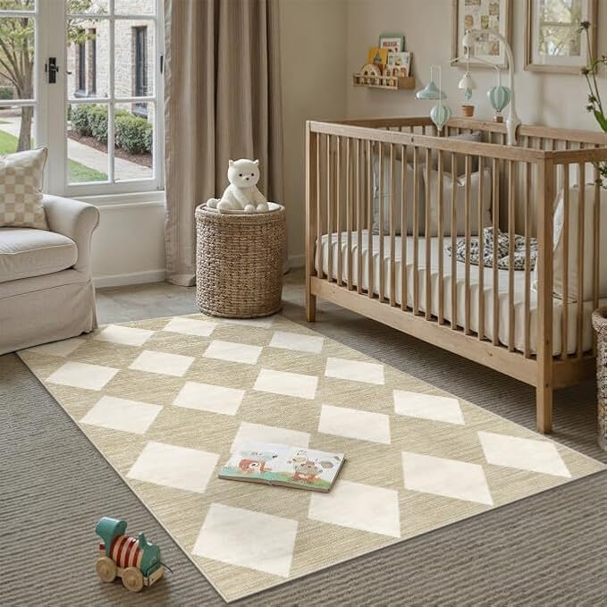 PureCozy Machine Washable Beige 3x5 Area Rugs for Entryway Modern Soft Checkered Indoor Door Mats Non-Slip Stain Resistant Low Pile Accent Small Rug for Bedroom Kitchen Laundry Entrance