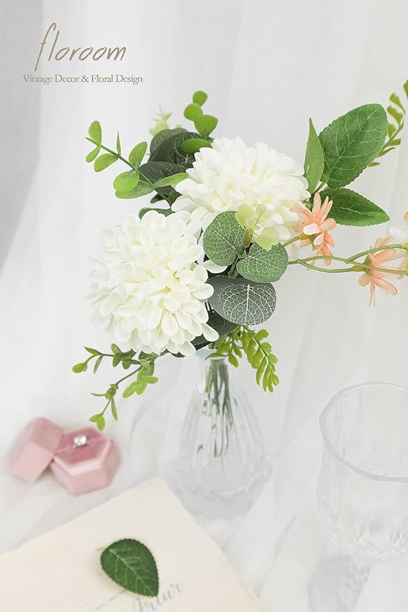 Floroom Artificial Dahlia Flowers 25pcs Real Looking Ivory Foam Fake Roses with Stems for DIY Wedding Bouquets White Bridal Shower Centerpieces Floral Arrangements Party Tables Home Decoration
