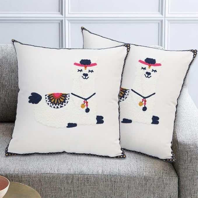 Pack of 2 Embroidered Decorative Throw Pillow Cover 18x18 Inch Farmhouse Floral Pillowcase for Living Room Sofa Bed (Cute Llama)
