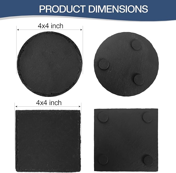 6 Pieces Slate Coasters, Diameter Size 4 inch Black Coasters Stone Coaster Set, Perfect for use in Your Home, Office, Kitchen,bar,Christmas or Anywhere.（3 Square Pieces+3 Round Pieces）