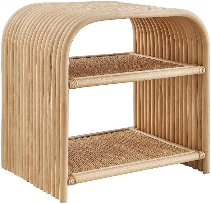 Modway Eve Curved Natural Rattan Side Table in Natural – Round Accent End Table for Living Rooms, Bedrooms, or Covered Patios