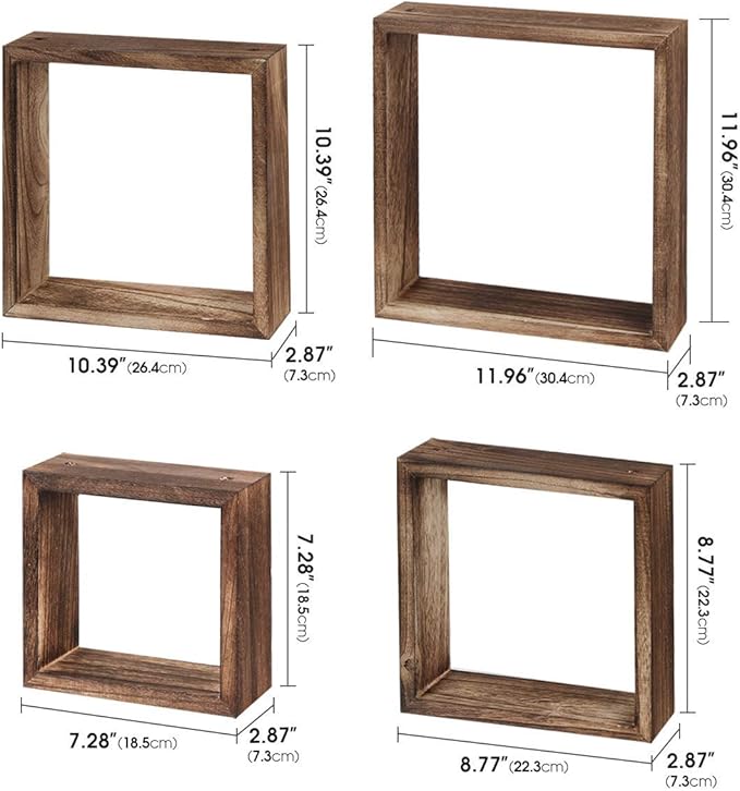J JACKCUBE DESIGN Floating Hanging Square Shelves Wall Mounted Rustic Wood Cube Display Shelf Shadow Boxes Decorative Boho Home Décor for Living Room, Bedroom, Office, Set of 4 (Brown) - MK571B
